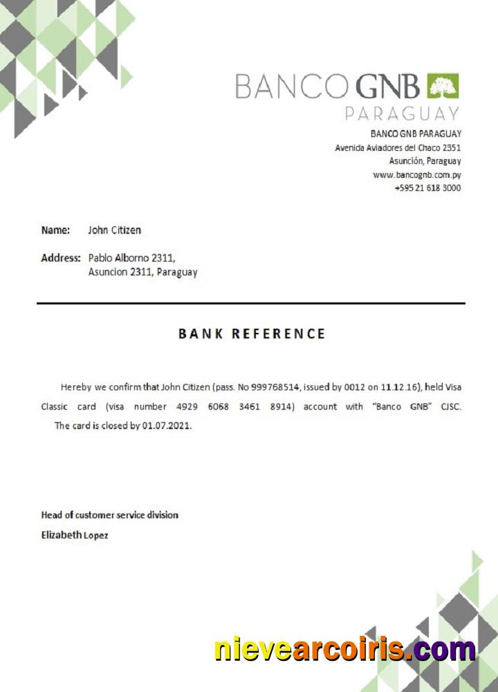 Paraguay Banco GNB Closure Reference Sample
