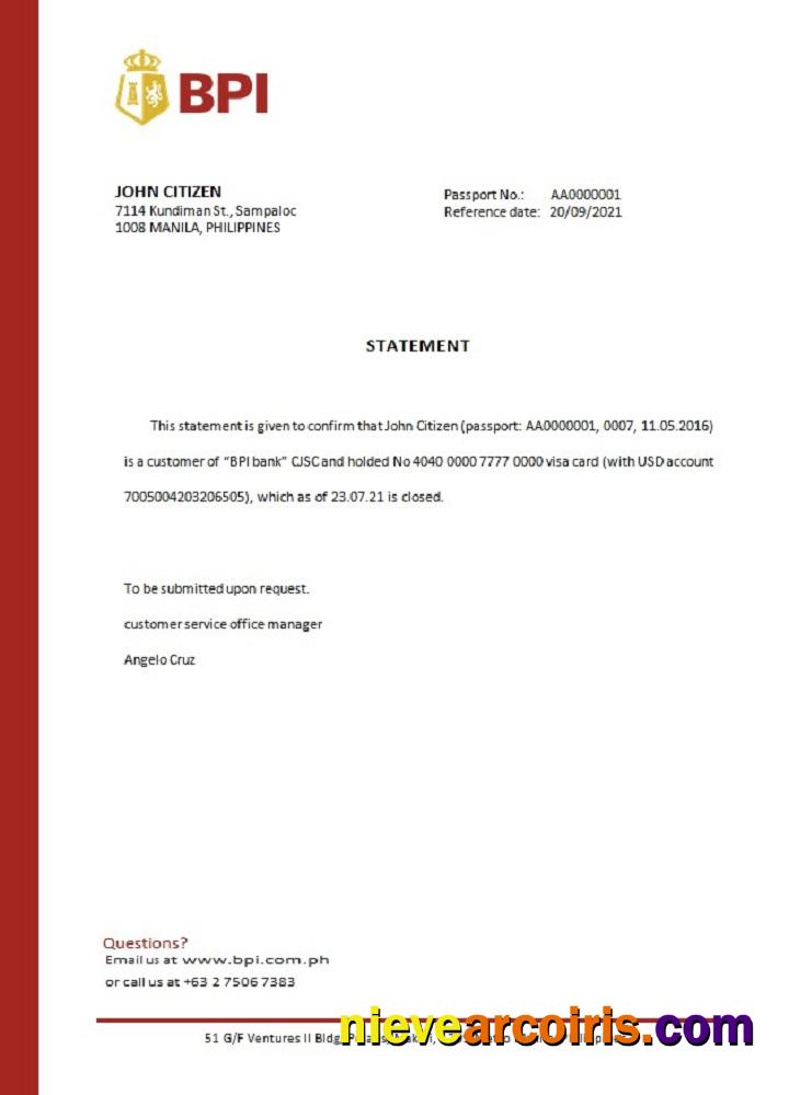 Philippines BPI Closure Reference Template