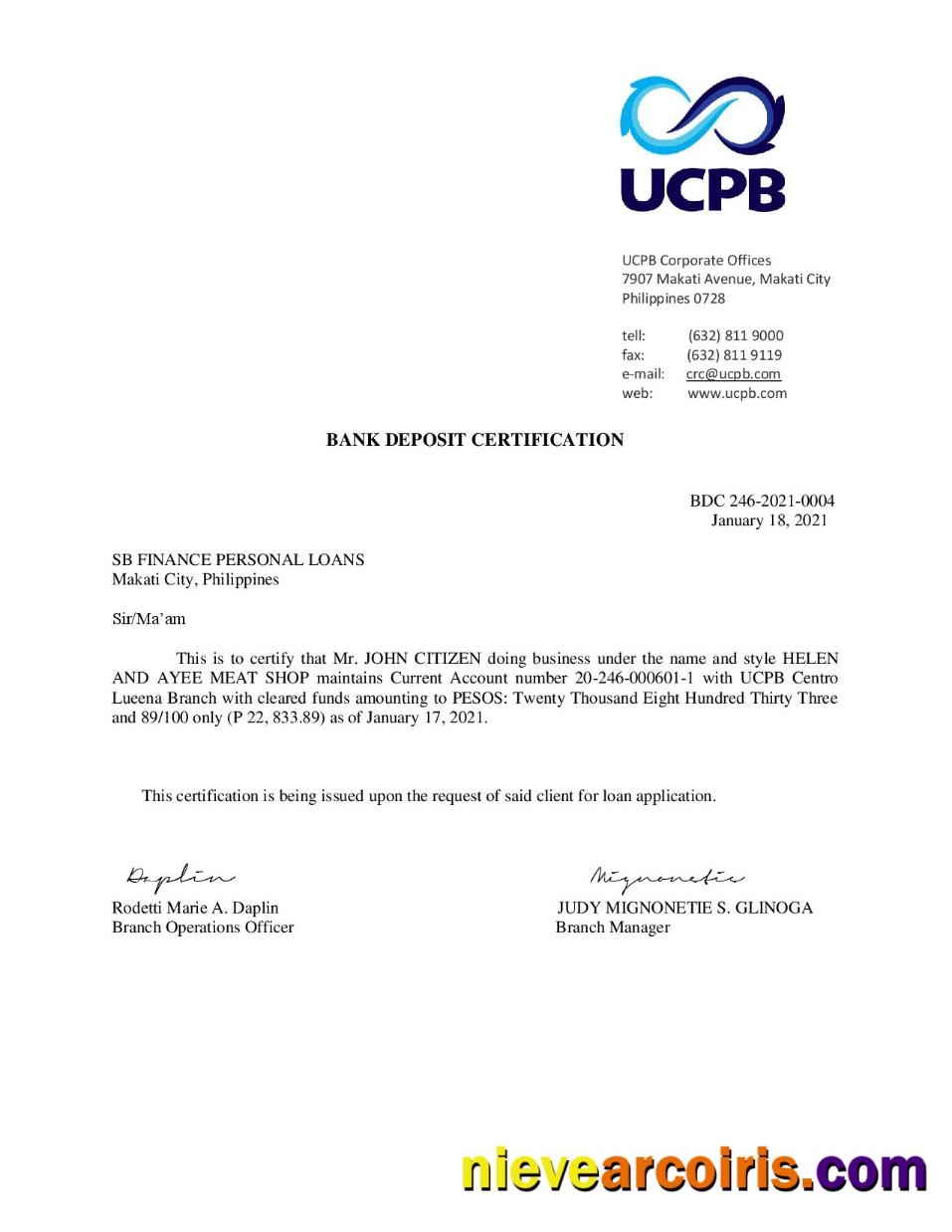Philippines UCPB Bank Deposit Certification Letter Template