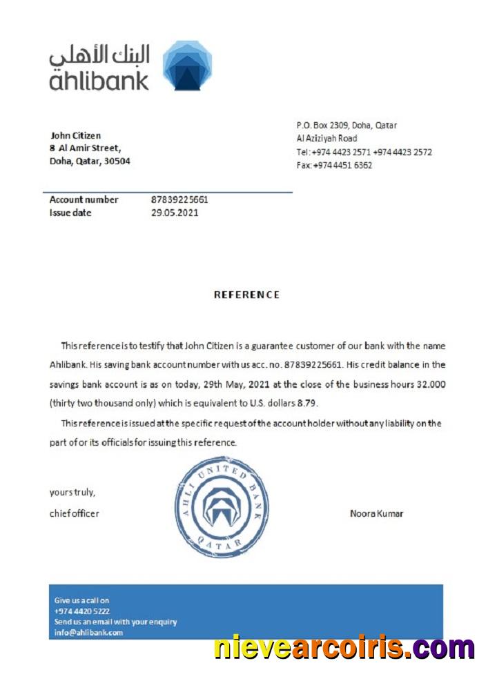 Qatar Ahli Bank Reference Sample