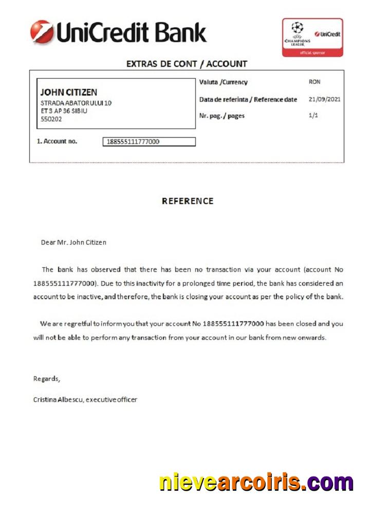 Romania UniCredit Bank Closure Reference Sample