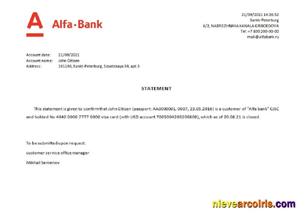 Russia Alfa Bank Closure Reference Template