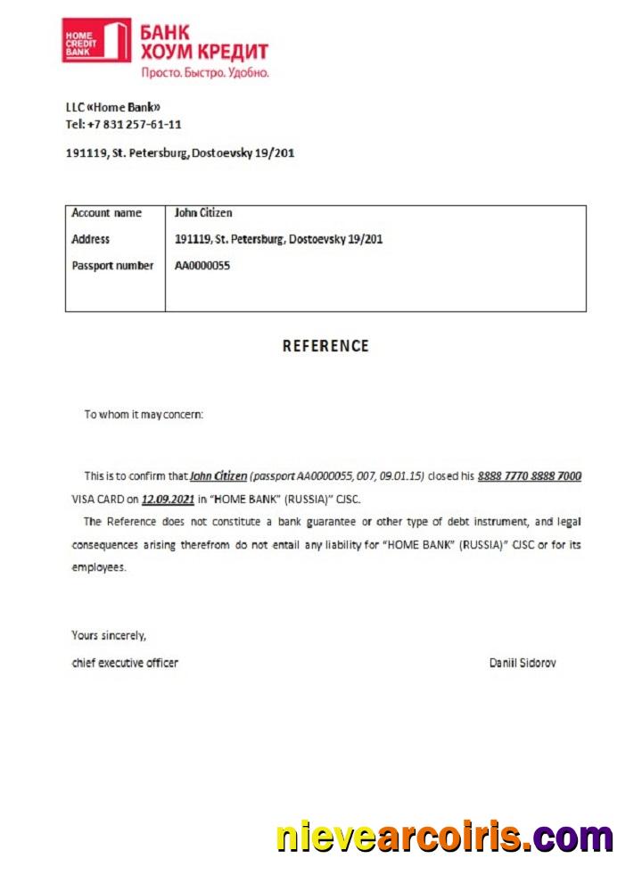Russia Bank Home Credit Closure Reference Sample