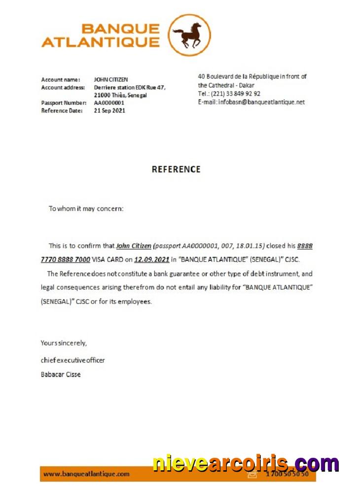Senegal Banque Atlantique Closure Reference Sample