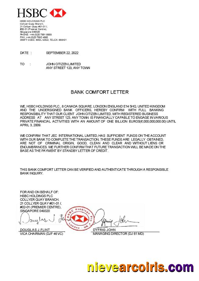Singapore HSBC Bank Reference Letter Template