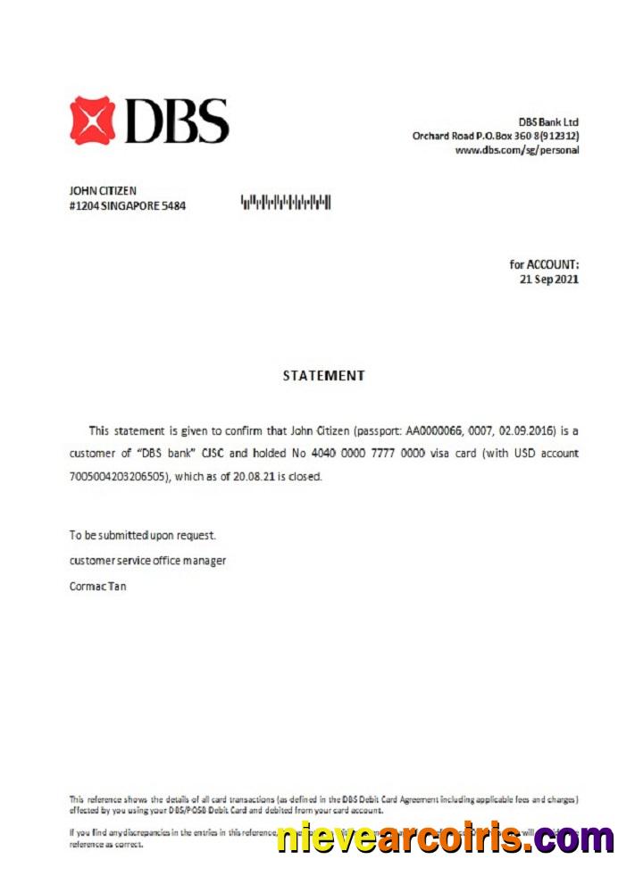 Singapore DBS Bank Closure Reference Sample