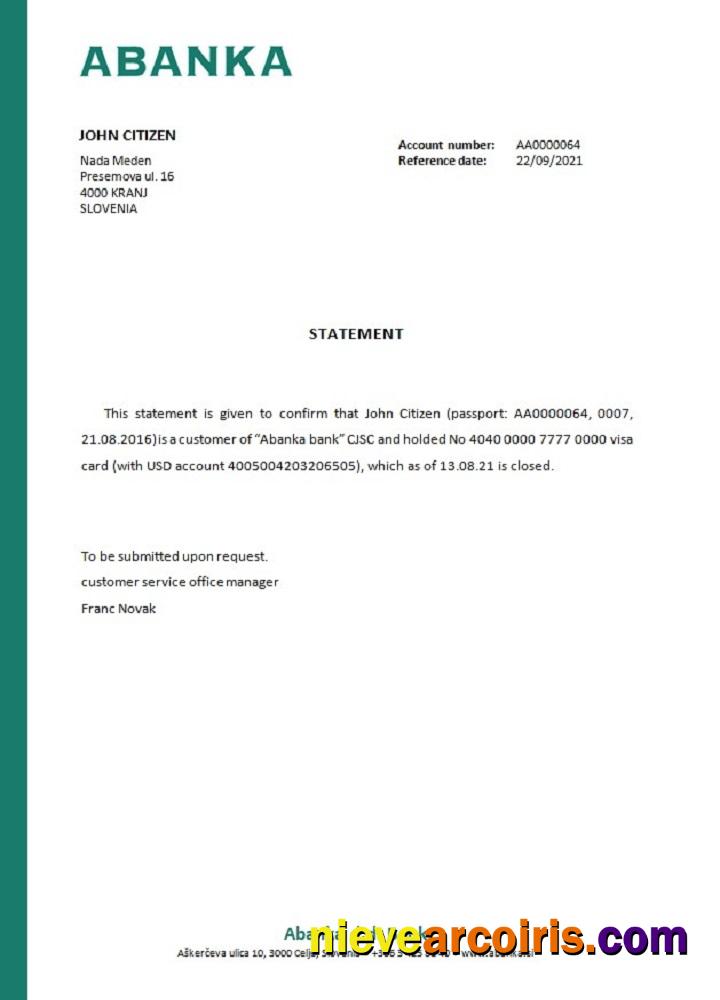 Slovenia Abanka Closure Reference Template