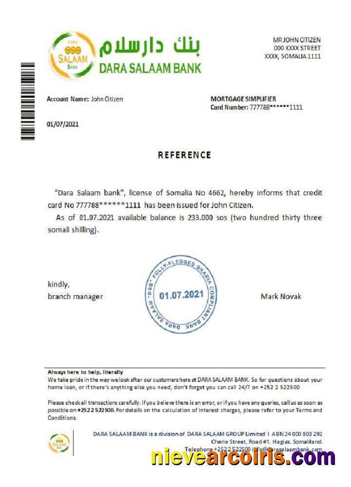 Somalia Dara Salaam Bank Reference Template