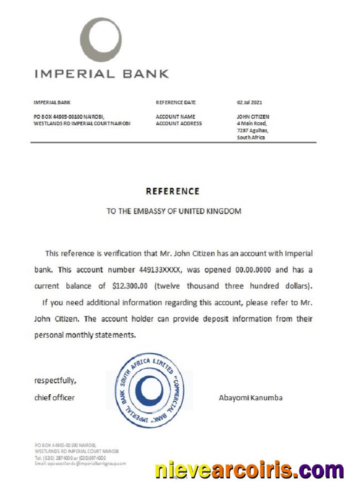 South Africa Imperial Bank Reference Template