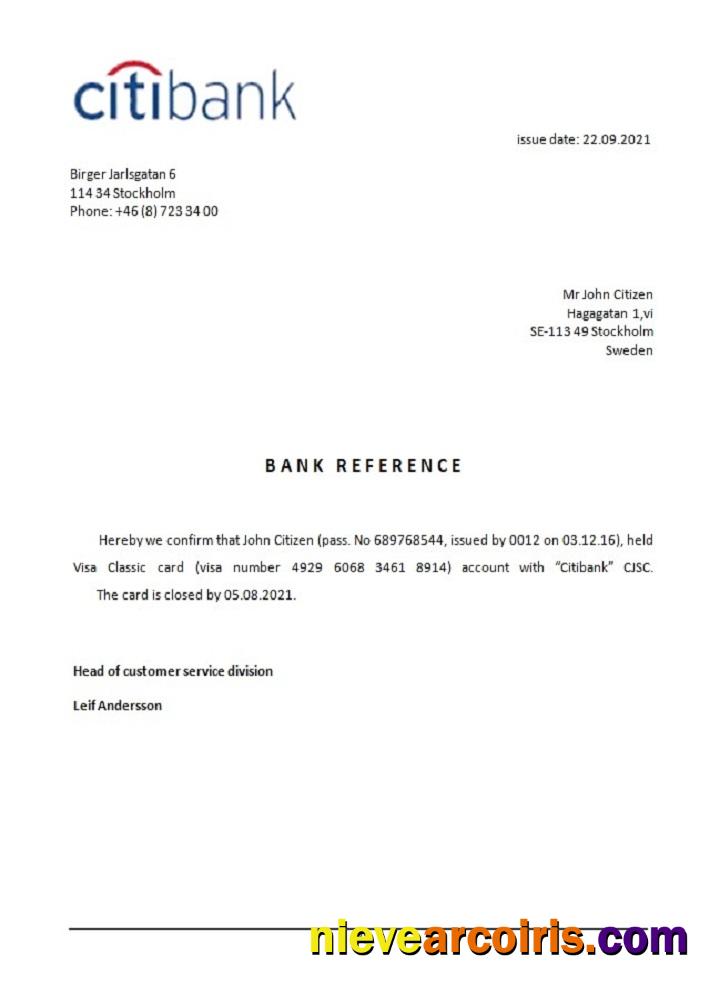 Sweden Citibank Closure Reference Sample
