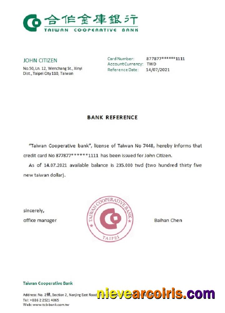 Taiwan Taiwan Cooperative Bank Reference Sample