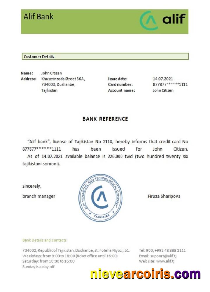 Tajikistan Alif Bank Reference Preview