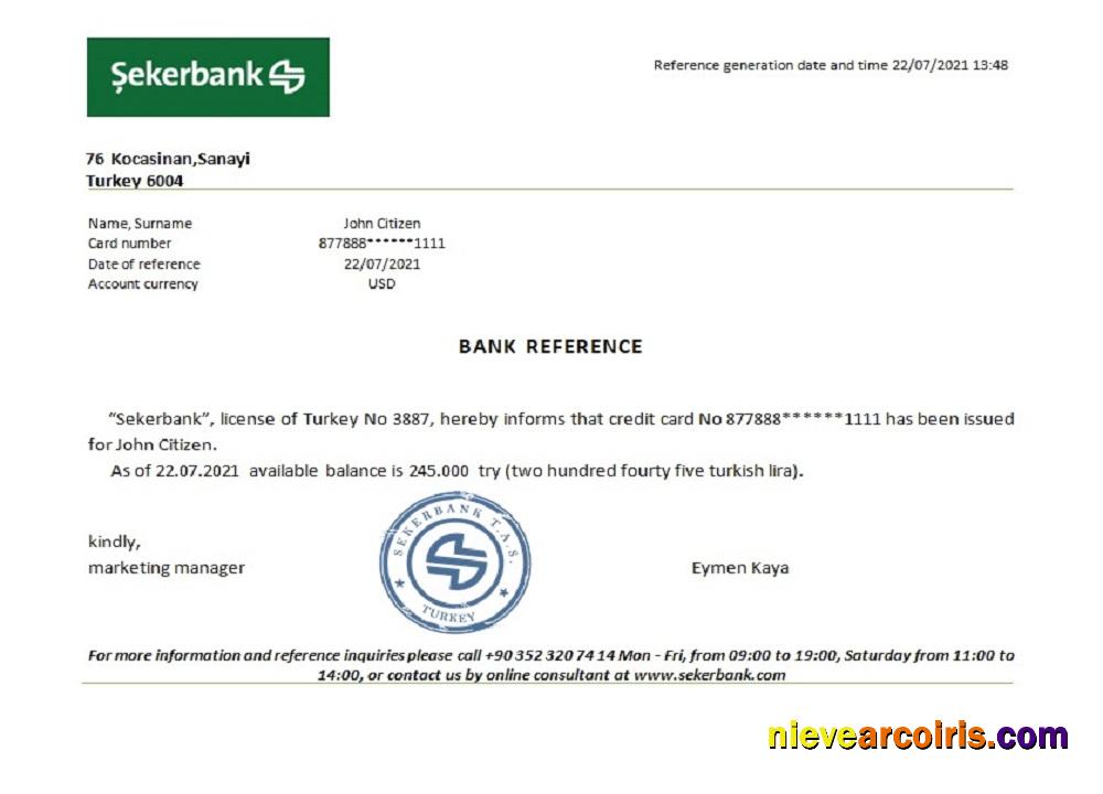 Turkey Sekerbank Reference Sample
