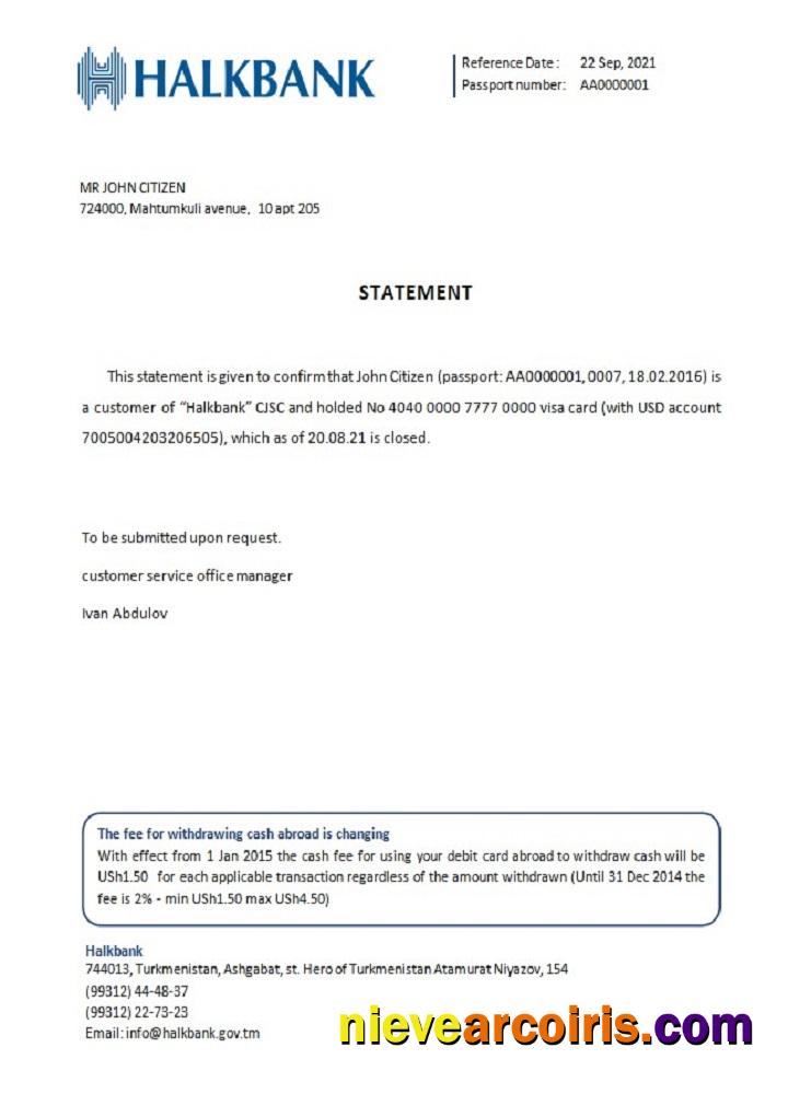 Turkmenistan Halkbank Closure Reference Template