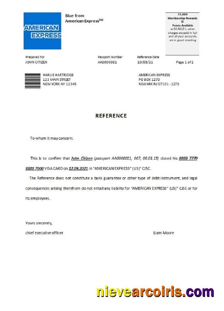 USA American Express Closure Reference Sample