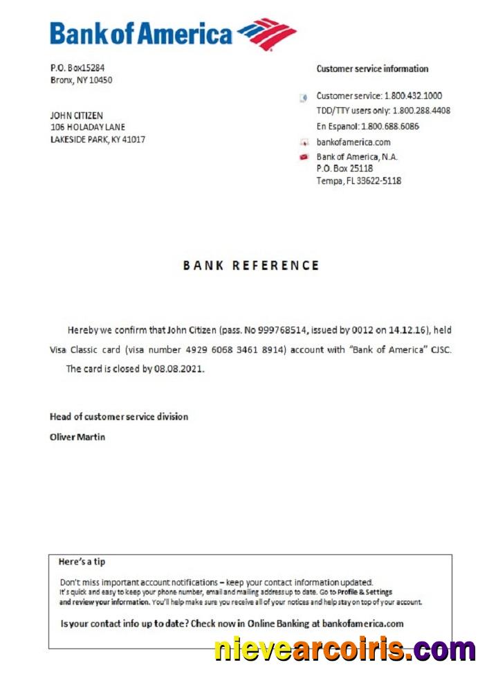 USA Bank Of America Closure Reference Sample