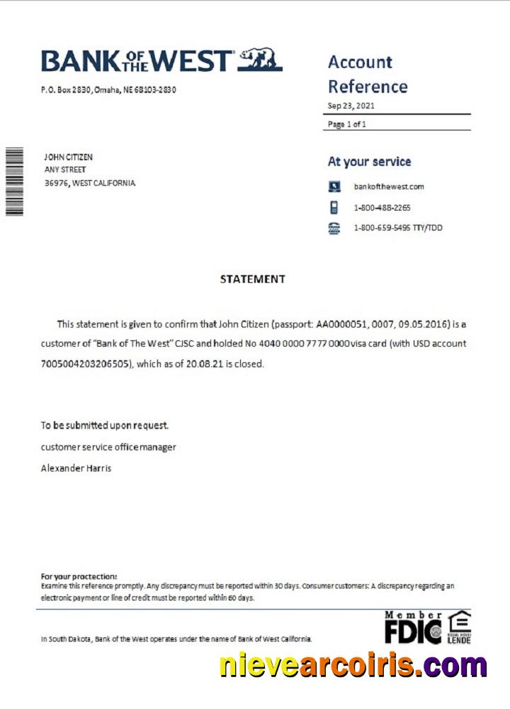 USA Bank Of The West Closure Reference Sample