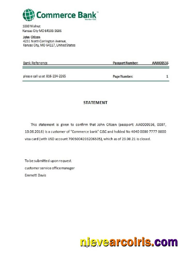 USA Commerce Bank Closure Reference Sample