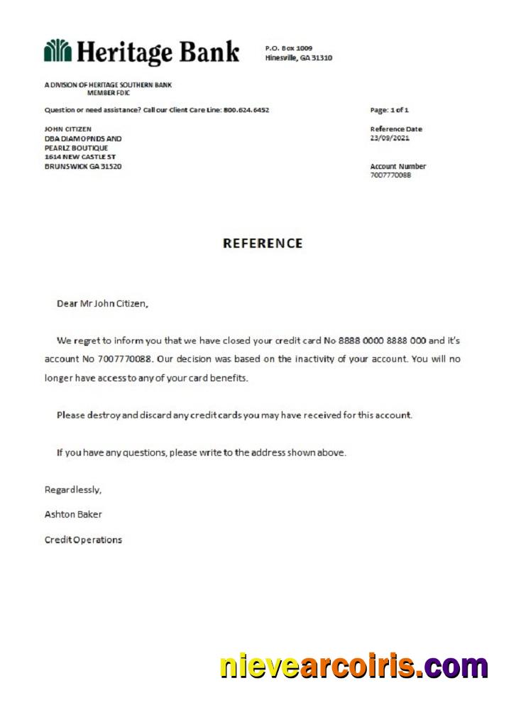 USA Heritage Bank Closure Reference Sample
