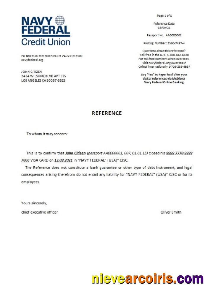 USA Navy Federal Closure Reference Sample