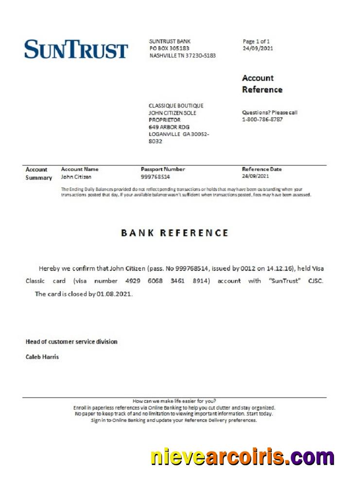 USA Suntrust Closure Reference Template