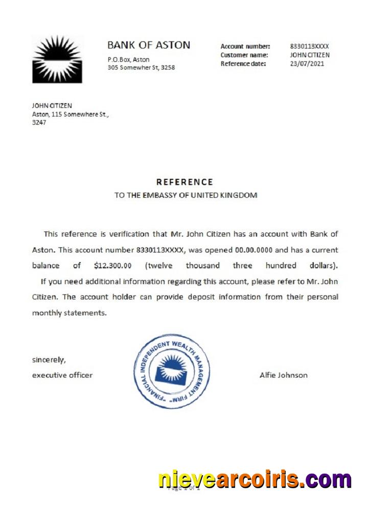 United Kingdom Bank Of Aston Reference Sample