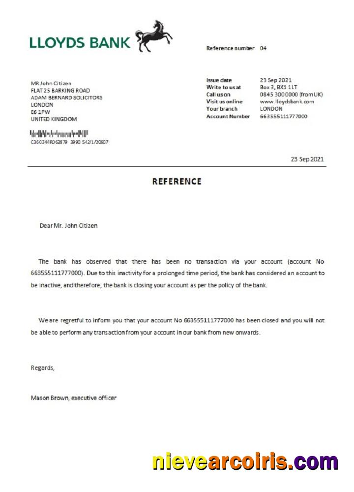 United Kingdom Lloyds Bank Closure Reference Template