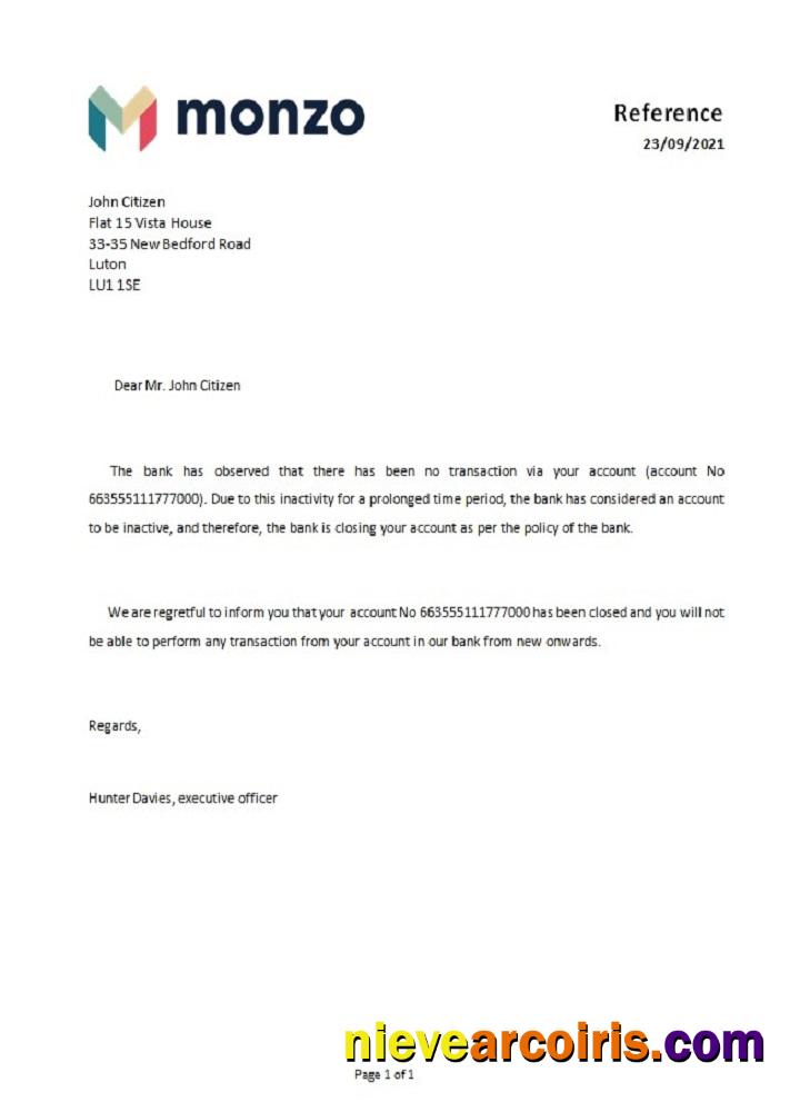United Kingdom Monzo Bank Closure Reference Template