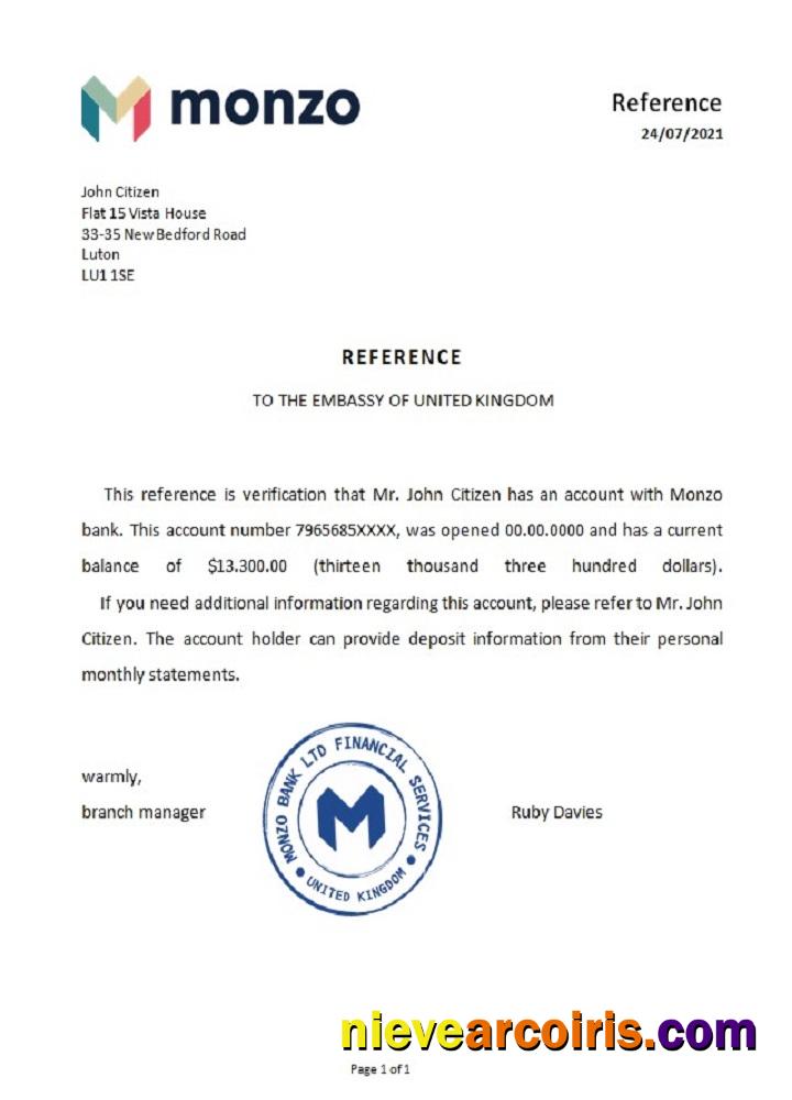 United Kingdom Monzo Bank Reference Template