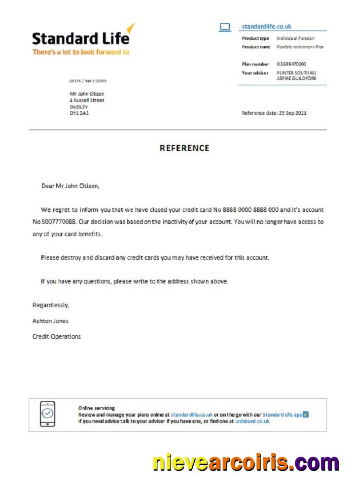 United Kingdom Standard Life Closure Reference Template