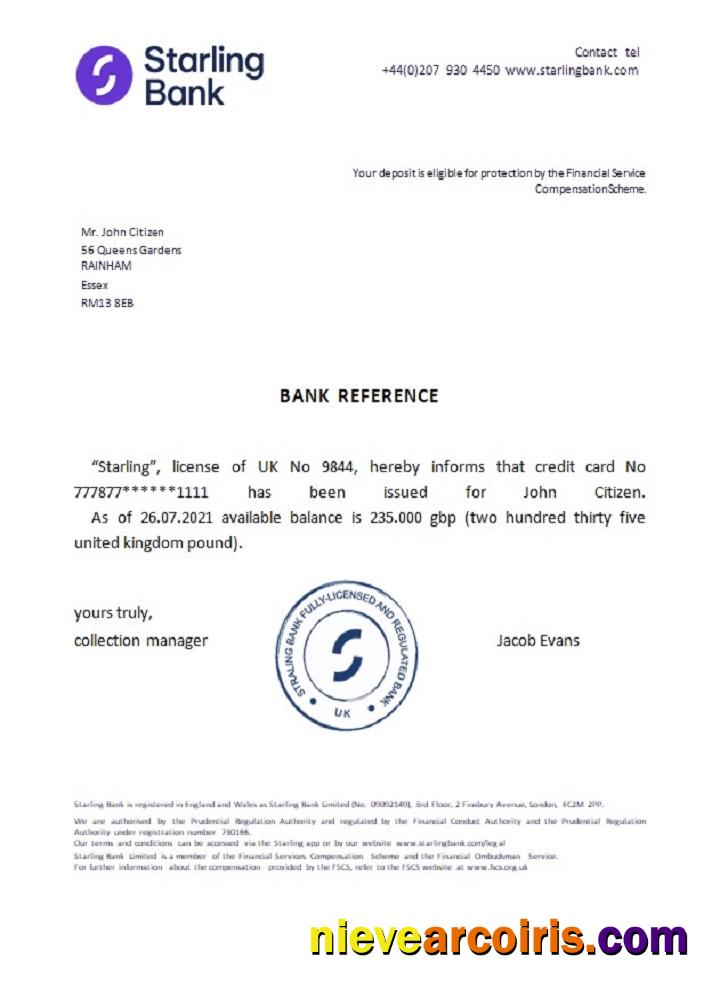 United Kingdom Starling Bank Reference Template
