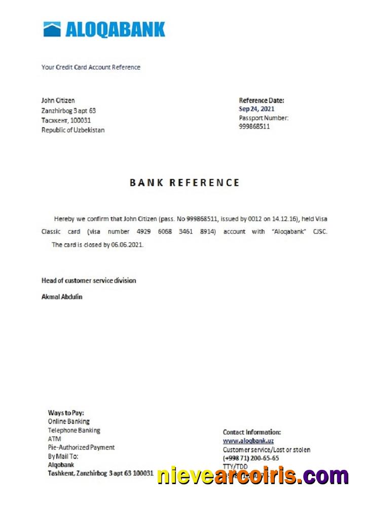 Uzbekistan Aloqabank Closure Reference Sample