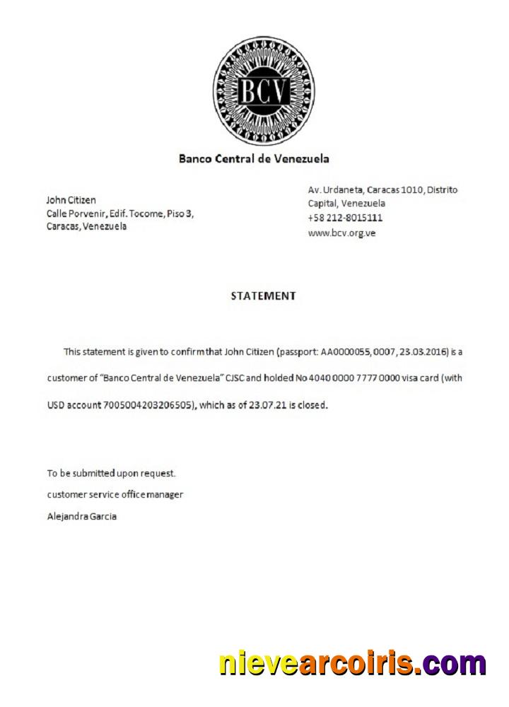 Venezuela Banco Central De Venezuela Closure Reference Template