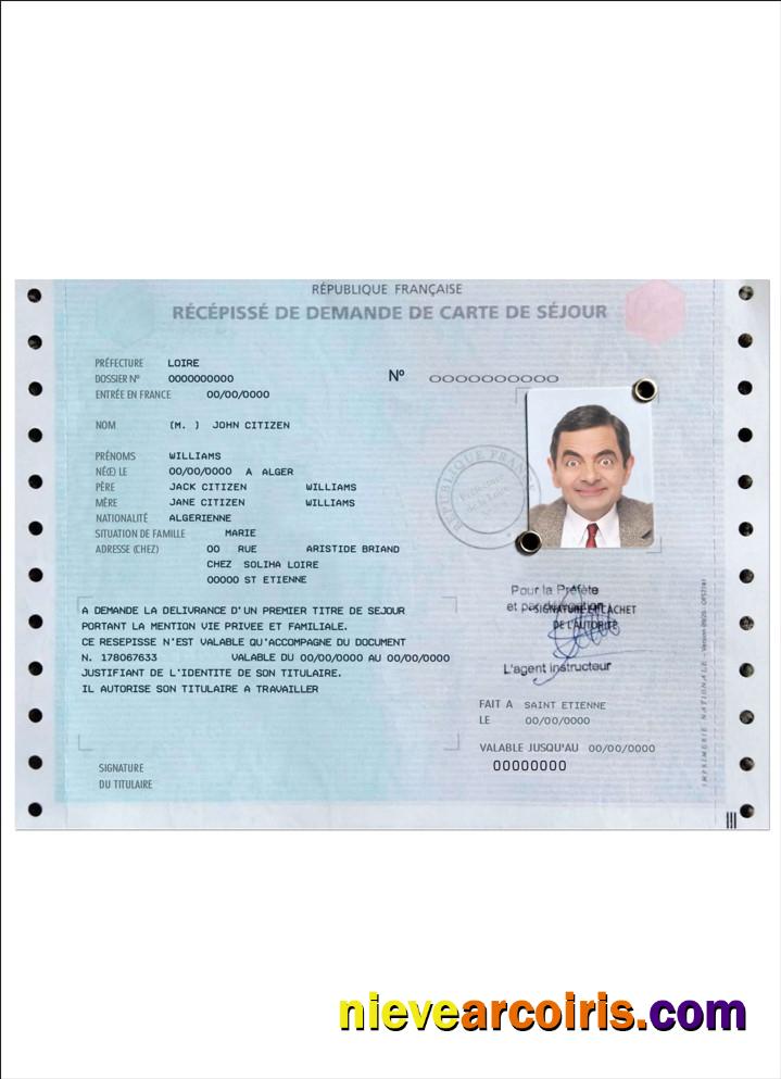 French Residence Permit (carte De Séjour) Template