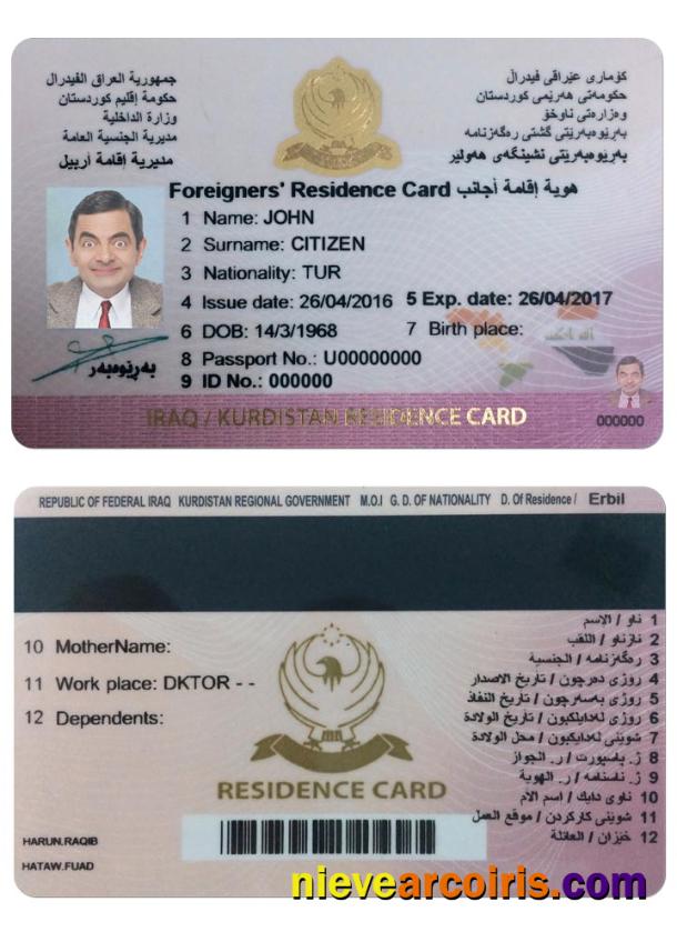IRAQ (KURDISTAN) Residence Card Sample
