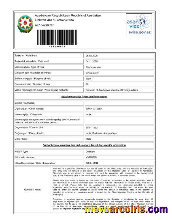 Editable Azerbaijan Electronic Visa Template In Word And PDF Formats, Version 2