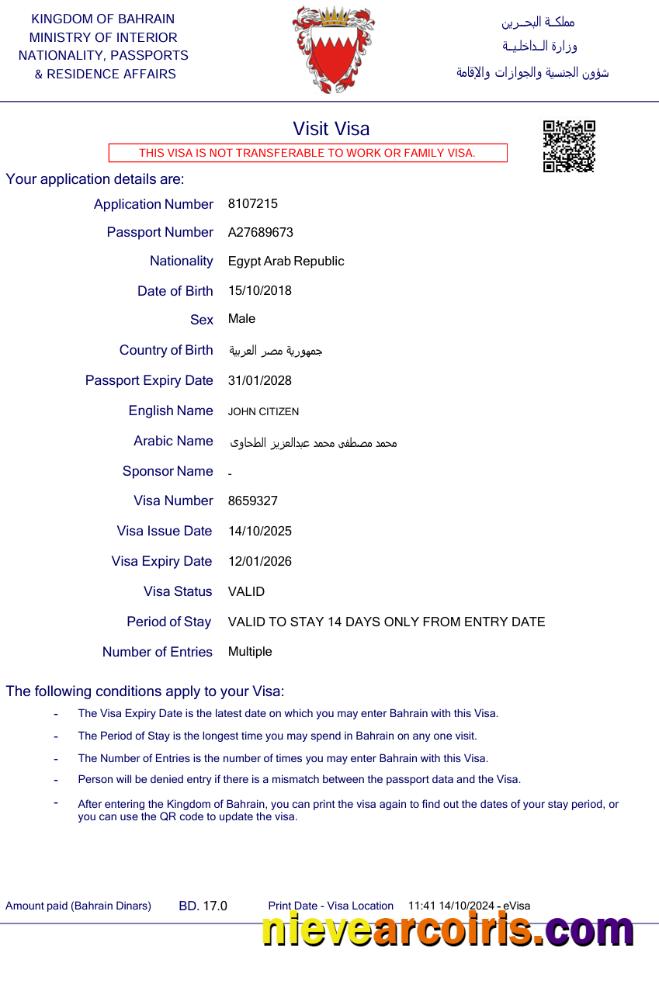 Premium Bahrain E Visa Template In Word And PDF Formats, Version 2