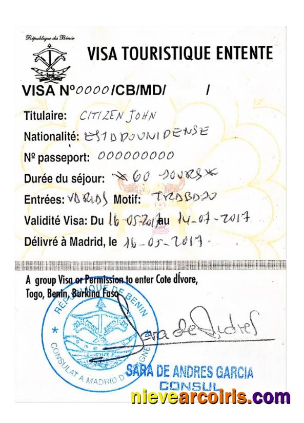 COTE D'IVOIRE, TOGO, BENIN, BURKINA FASO Tourist Visa Sample