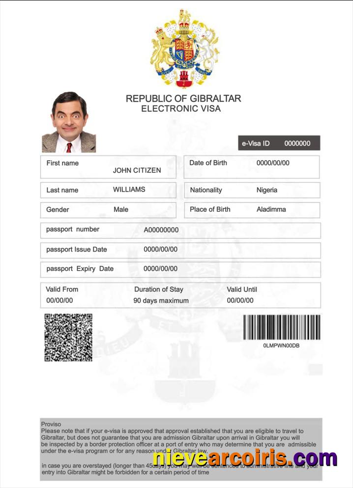 Gibraltar Electronic Visa Sample