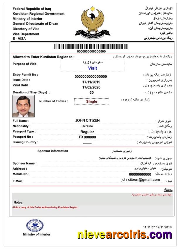 IRAQ E Visa Sample