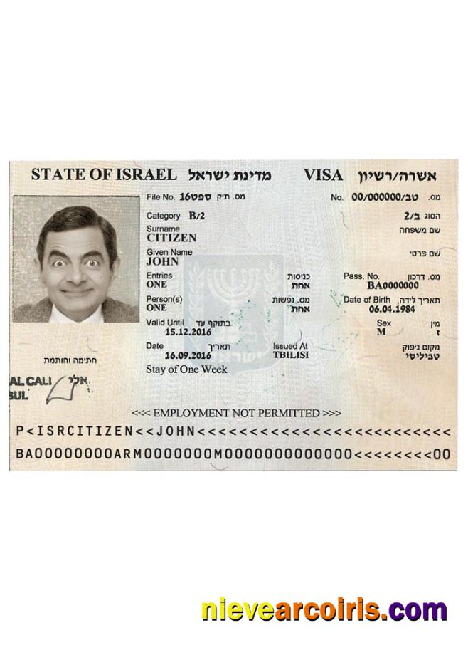 ISRAEL Tourist Visa Version 3 Sample