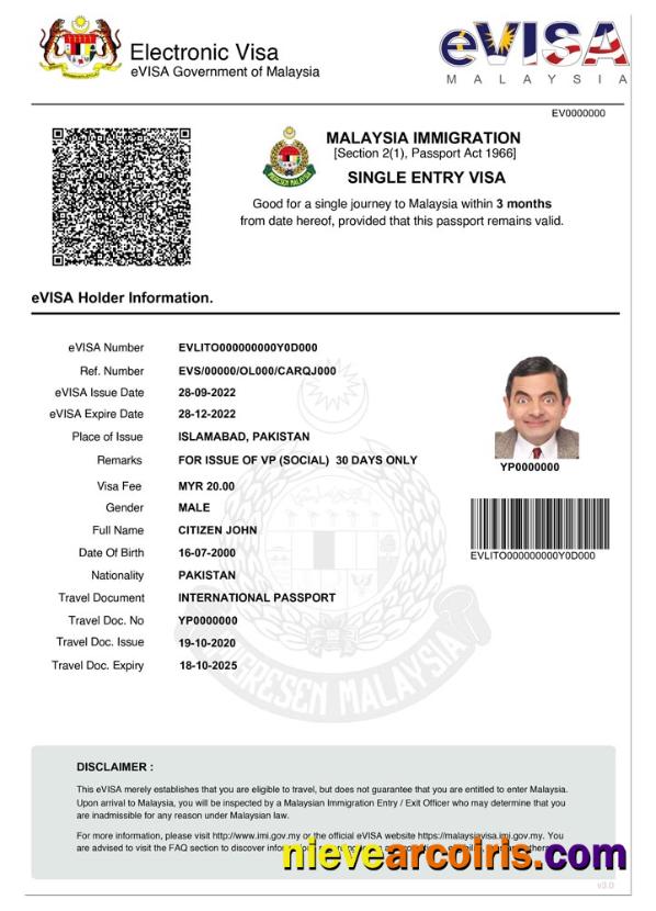 MALAYSIA E Visa Sample