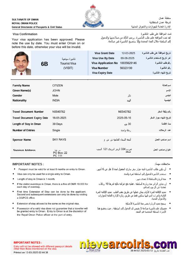 Editable Oman E Visa Template In Word And PDF Formats, Version 2