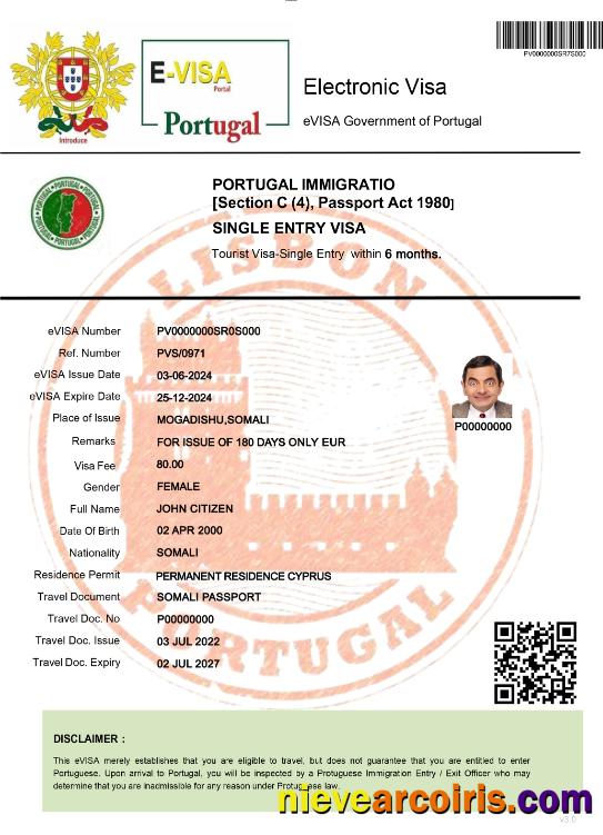 Portugal Electronic Visa Sample