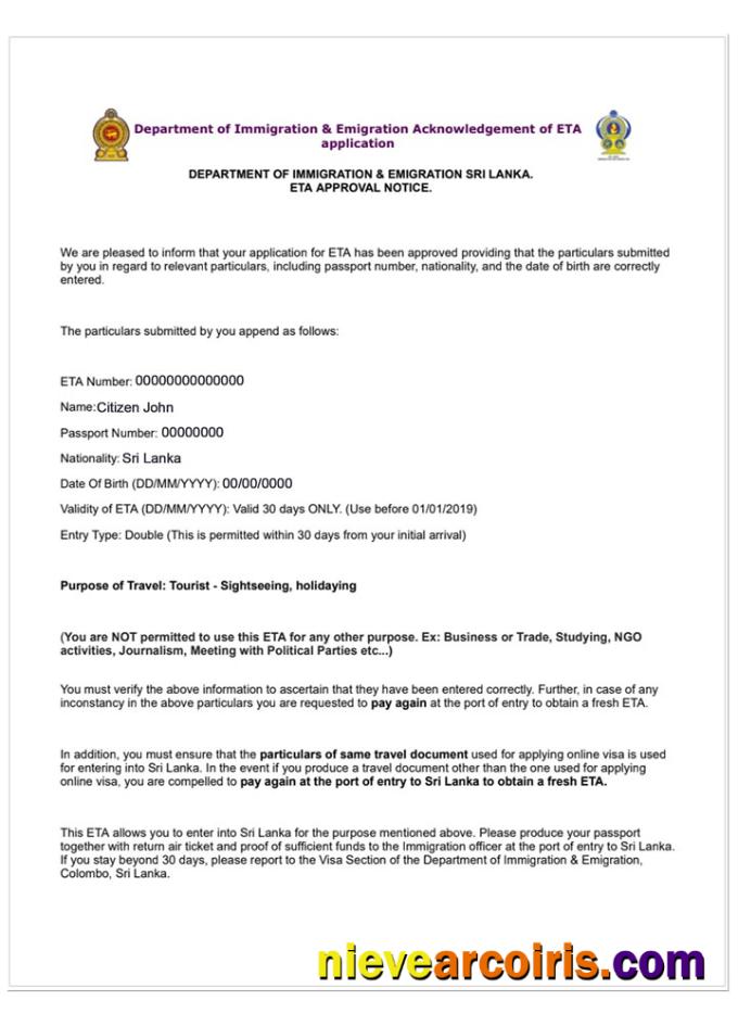 SRI LANKA E Visa Sample