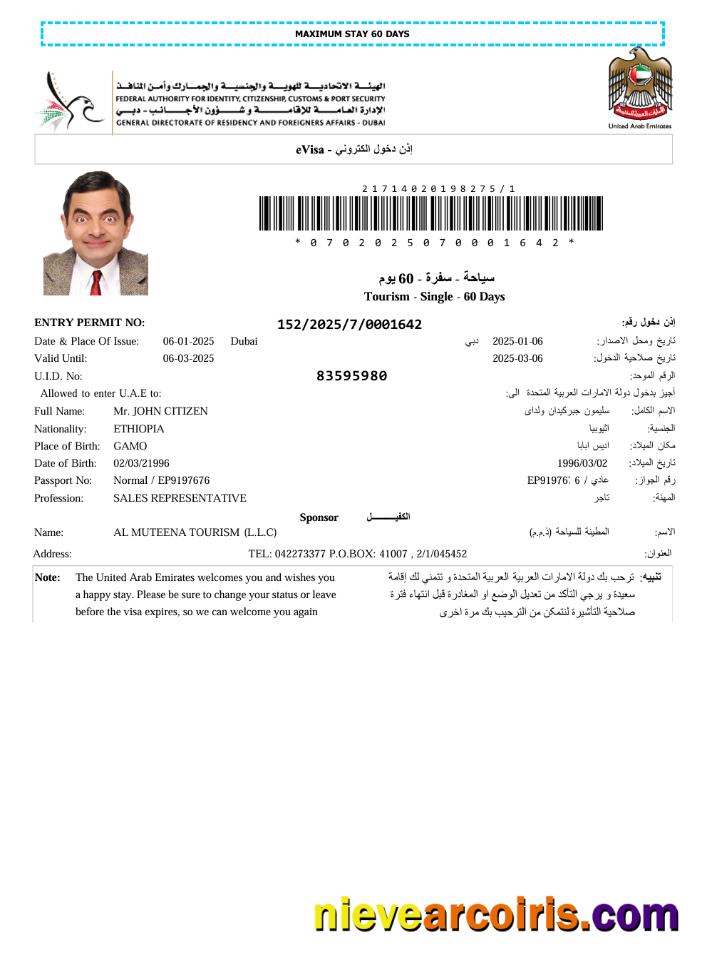 Editable UAE E Visa Template In Word And PDF Formats, Version 8