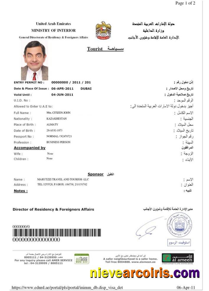UAE E Visa Sample