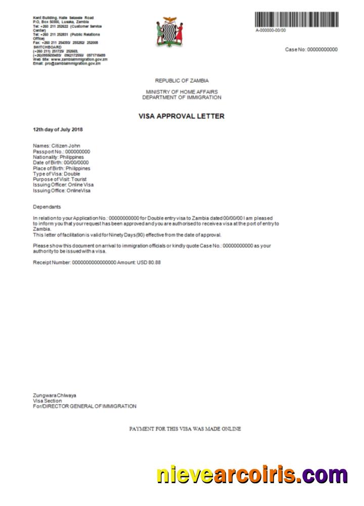 Realistic Zambia E Visa In Word And PDF Template