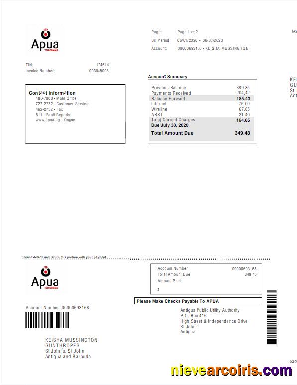 Premium ANTIGUA AND BARBUDA APUA Utility Bill Word And PDF Template