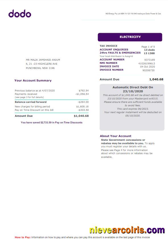 Realistic AUSTRALIA NEW SOUTH WALES DODO Utility Bill Word And PDF Template